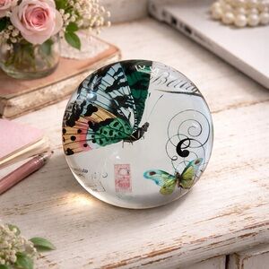 Pier 1 Butterfly Glass Paperweight Dome French Art Shabby Chic Desk Decor 4”
